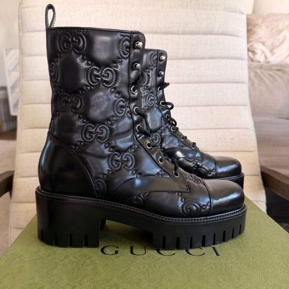 Gucci, Women's Quilted Black GG Combat Boots, Sz 40